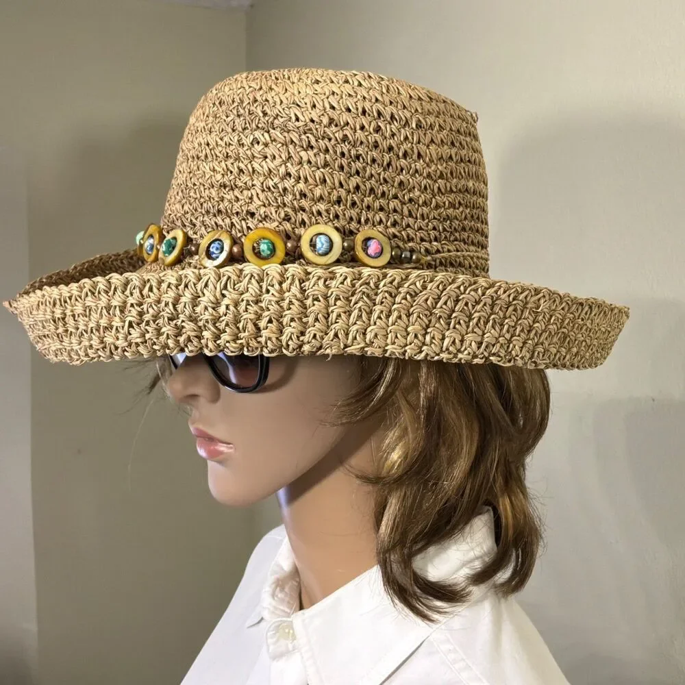 Women’s Summer Beaded Band Beach Straw Wide Brim Panama Style Sun Hat Adj. OS